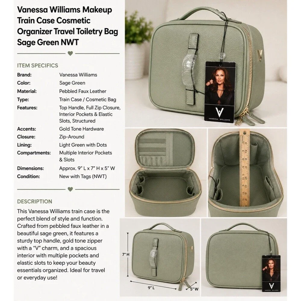 Vanessa Williams Sage Green Makeup Train Case Cosmetic Organizer Travel Bag NWT